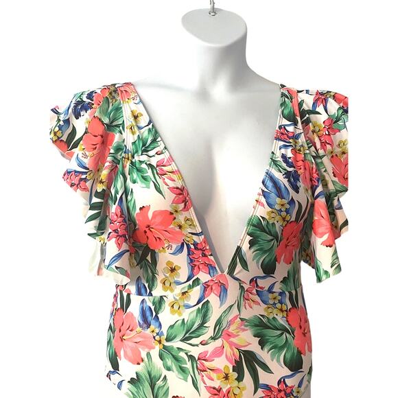 3/$20 One Piece Swimsuit Sz S 4 Sexy Deep V-neck Open Back Tropical Ruffled New - Picture 4 of 7